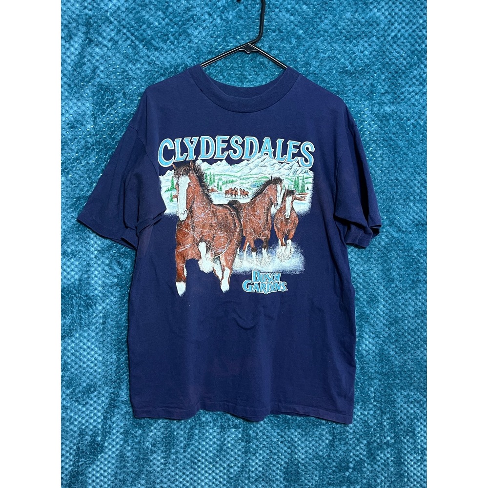 Vintage Horse Oneita Buschâ Gardens Clydesdales T Shirt Navy Blue Made in USA